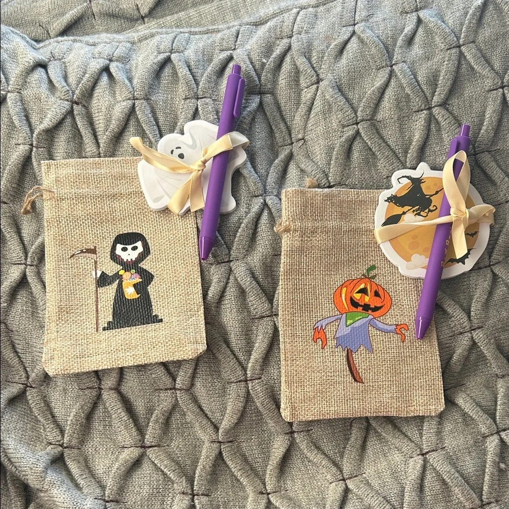 Halloween Burlap Gift Bags with Pens and Sticky Notes